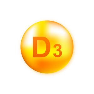 Vitamin D3 with realistic drop on gray background. Particles of vitamins in the middle. Vector illustration